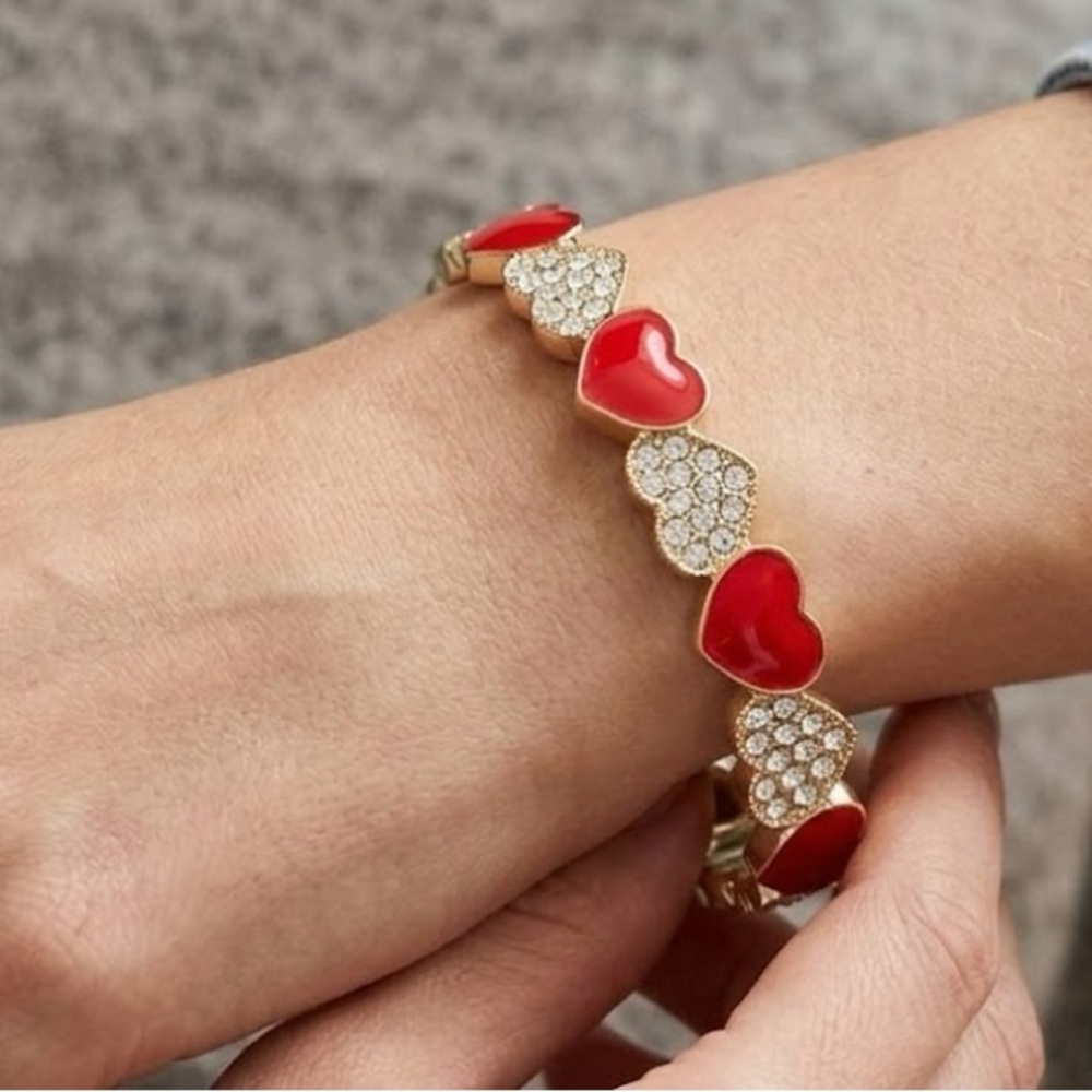 NWT J. Crew Red Enamel & Crystal Pave Heart Cuff Bracelet - Gold Tone